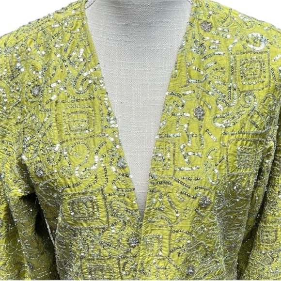 🌻Chicos Green Silk Silver Metallic Sequins Embroidered Open Front Jacket Blazer - Picture 2 of 8